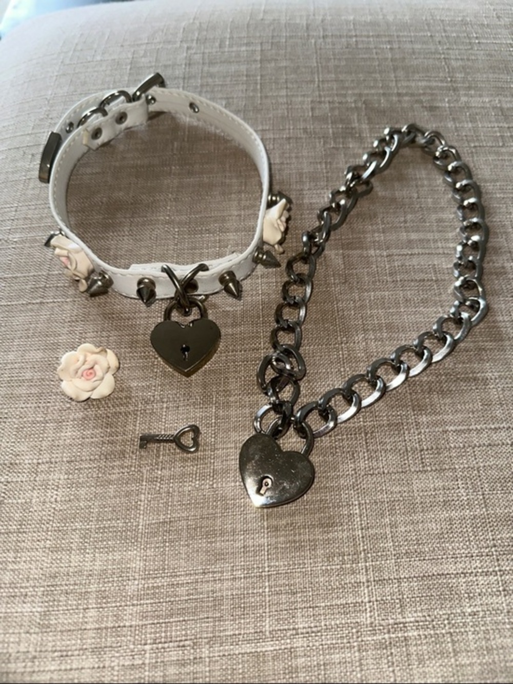 Faux Leather Studded Floral Choker Collar Heart Locket & Key & Chain Choker Set